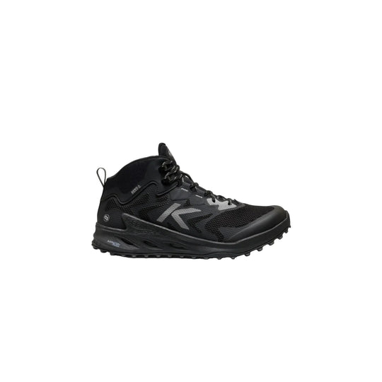 Black high-top hiking boot with mesh upper, thick treaded sole, and reflective side logo
