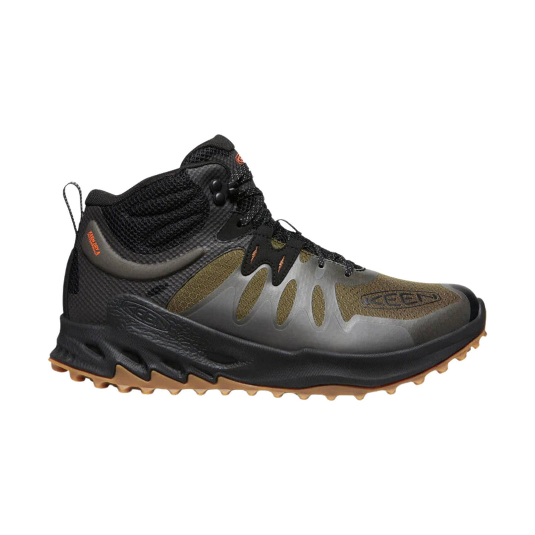 Black and olive waterproof hiking boot with mesh upper, lace-up front, and tan lug sole