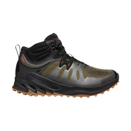 Black and olive waterproof hiking boot with mesh upper, lace-up front, and tan lug sole