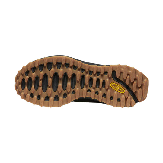 Brown and black hiking boot outsole with KEEN logo