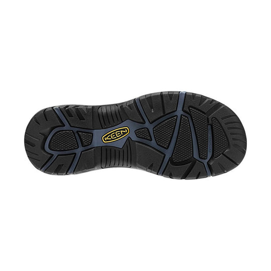Black and blue sole of a shoe with Keen logo on a white background