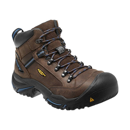 Brown hiking boot with visible Keen logo on a white background