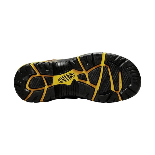 Black and yellow shoe sole with Keen logo on a white background