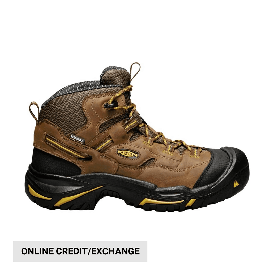 Brown and black hiking boot with visible Keen logo on a white background