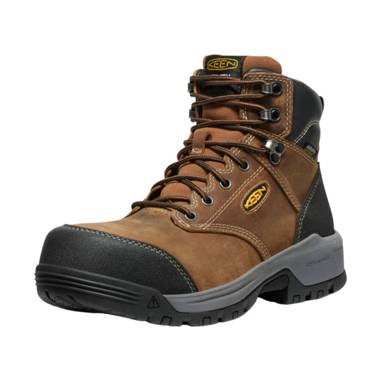 Brown and black lace-up boot with reinforced toe and KEEN logo