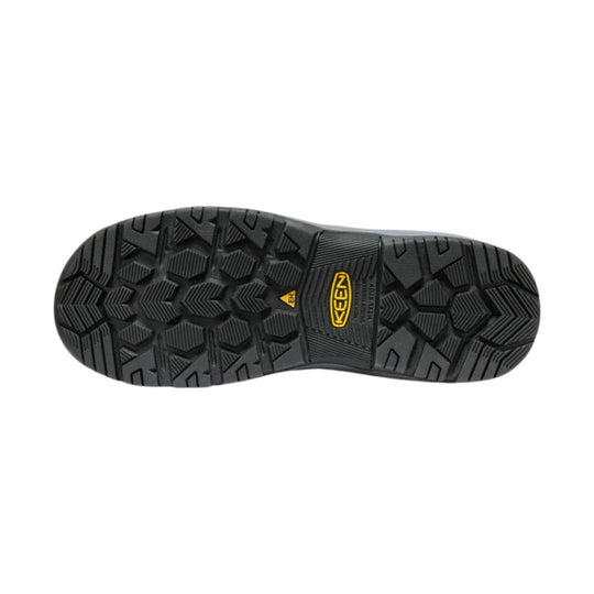 Black work boot outsole with rugged tread and KEEN logo