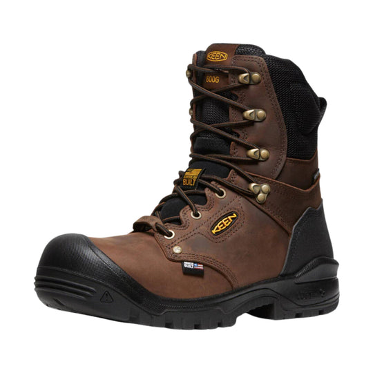 Brown and black insulated lace-up work boot with protective toe and visible KEEN and 600G markings