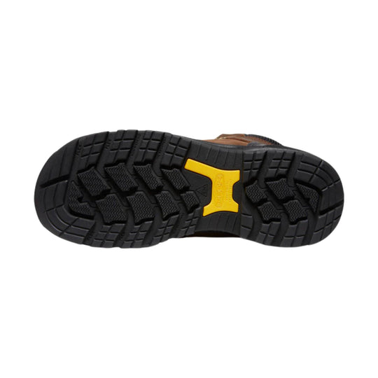 Black rugged boot outsole with deep tread and a yellow KEEN shank plate