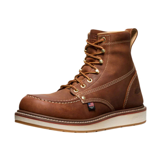 Brown leather lace-up work boot with white contrast stitching and a light-colored rubber sole