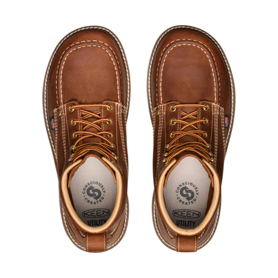 Brown leather lace-up work boots shown from above