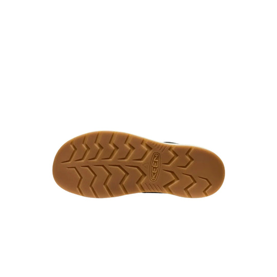 Gum rubber outsole of a black work boot with KEEN logo and chevron tread