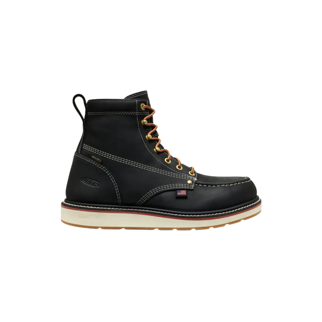 Black lace-up work boot with a white stitched welt and cream-and-gum sole, shown in side view