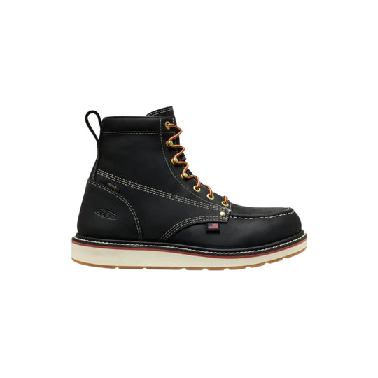 Black lace-up work boot with a white stitched welt and cream-and-gum sole, shown in side view