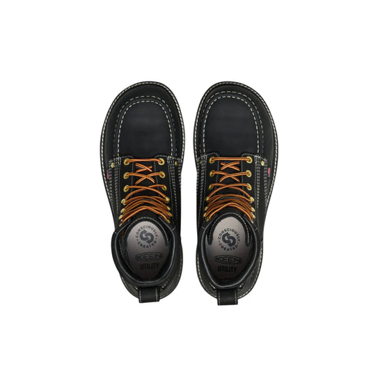 Black lace-up work boots with orange laces, white stitching, and pull tabs, shown from above.