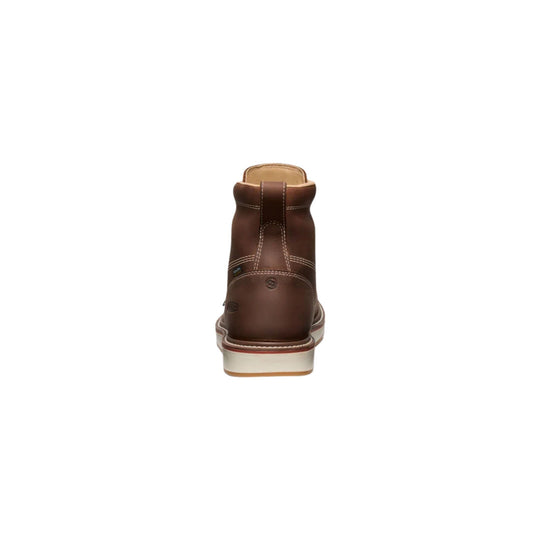 Brown leather work boot shown from the back with white stitching and a white-and-gum sole