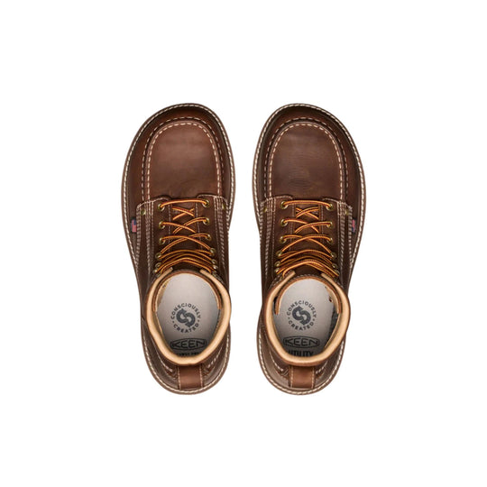 Pair of brown lace-up work boots shown from above with white stitching and KEEN insoles