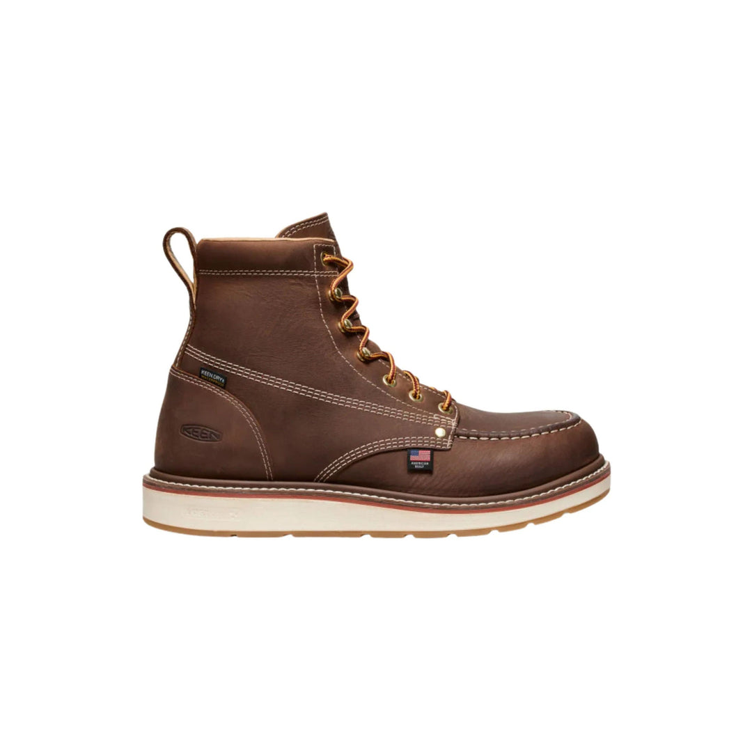 Brown lace-up work boot with white contrast stitching and a thick light-colored sole