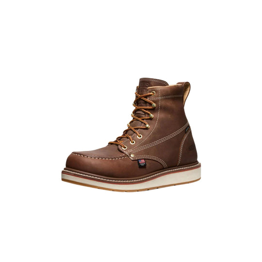 Brown lace-up work boot with a cushioned midsole and gum outsole, shown in side profile
