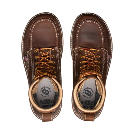 Brown lace-up work boots viewed from above with white stitching and padded collars