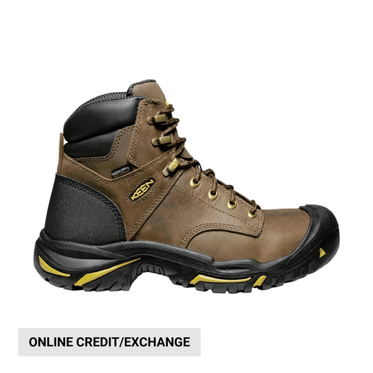 Brown and black lace-up work boot with yellow accents, shown in side view