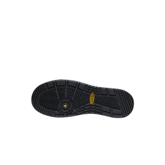 Black work shoe outsole with yellow KEEN logo and deep tread pattern
