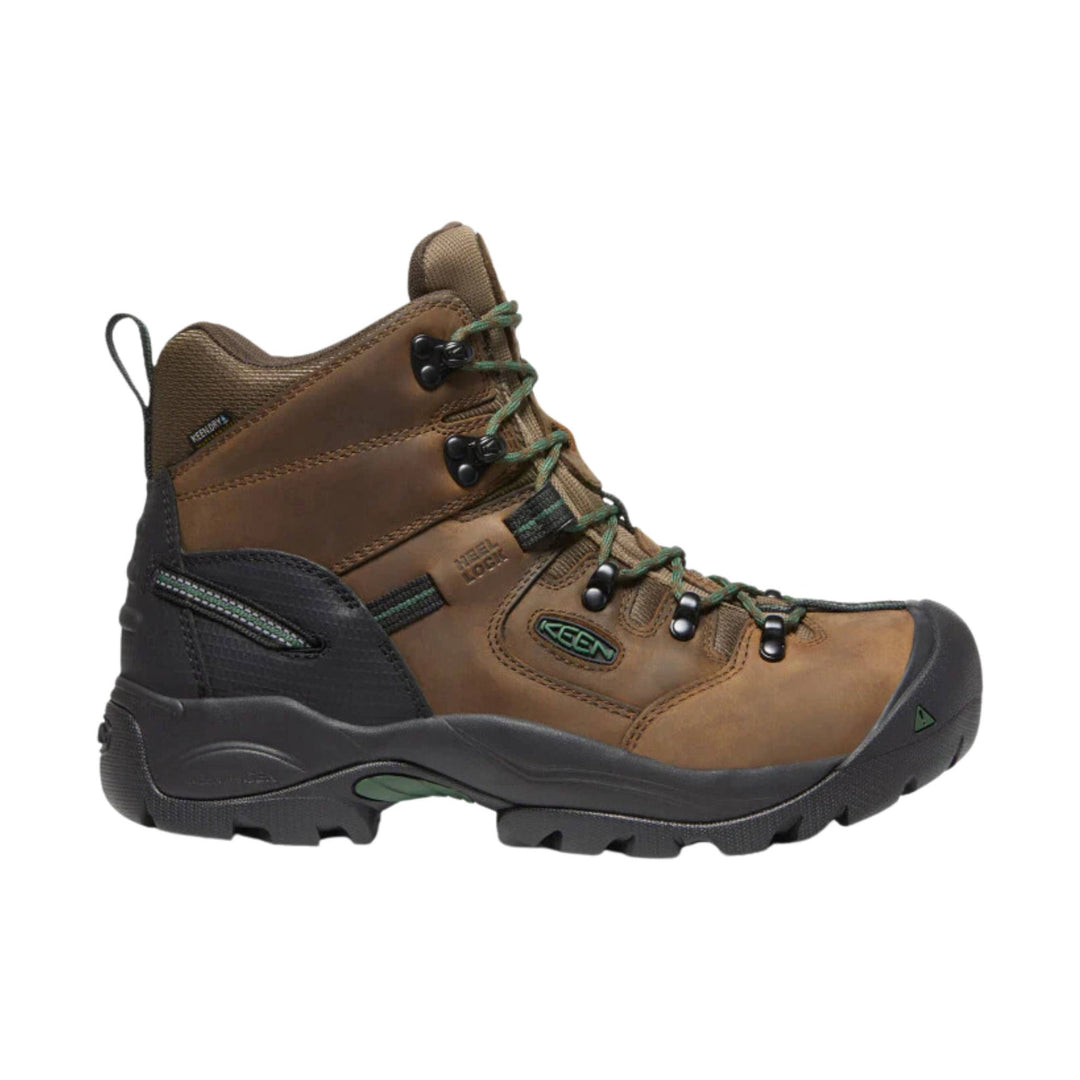 Brown and black lace-up work boot with green laces and visible KEEN logo