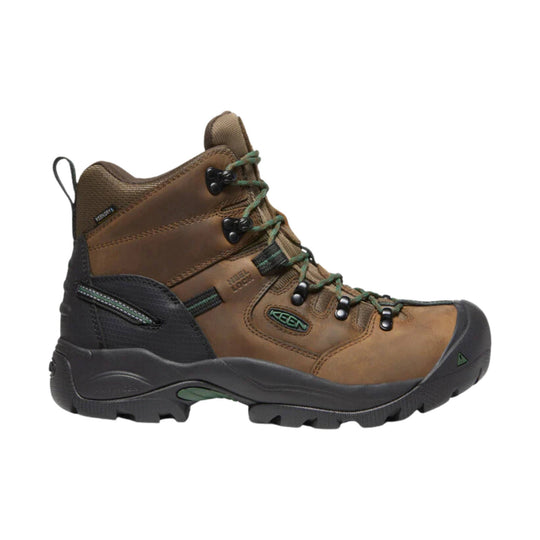 Brown and black lace-up work boot with green laces and visible KEEN logo