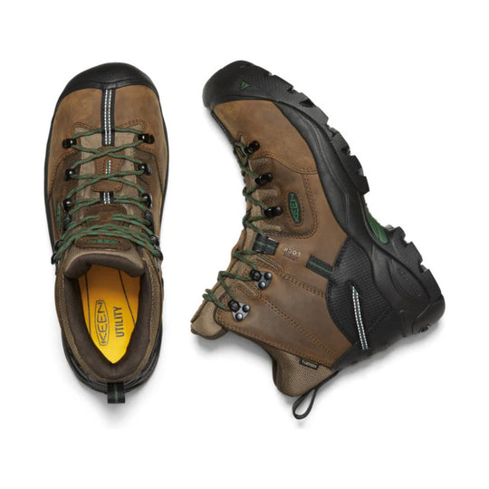 Brown and black hiking/work boots with green laces, shown top and side views