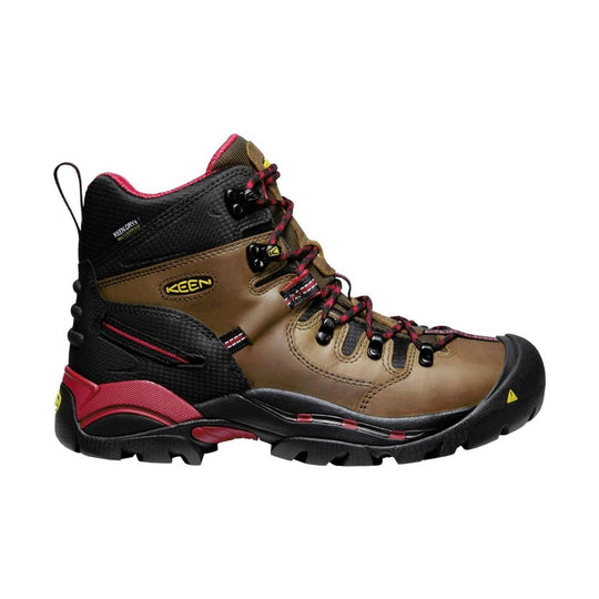 Brown hiking boot with red accents on a white background