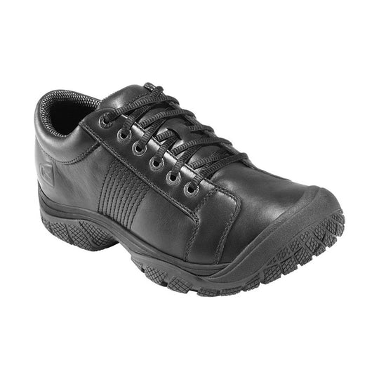 Black leather shoe with laces on a white background