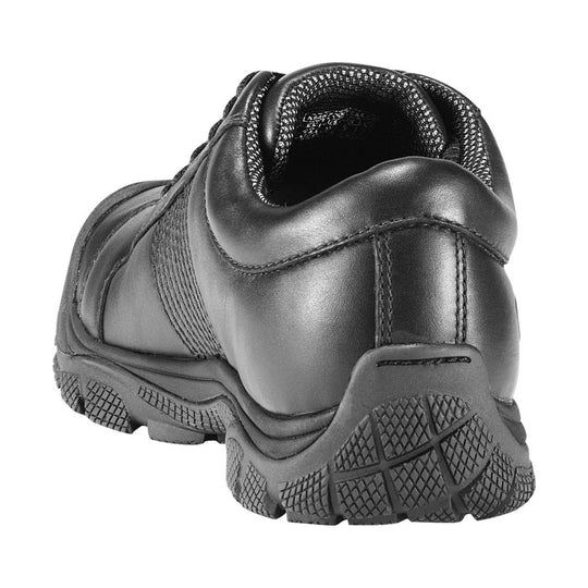 Black work shoe with a white background