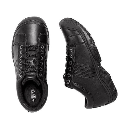 Pair of black leather shoes with laces on a white background
