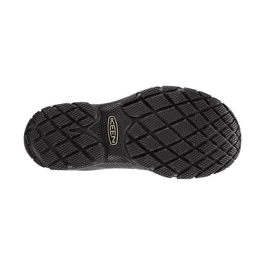 Black sandal with a textured sole on a white background
