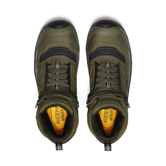 Pair of olive and black mid-height work boots with padded collars and bungee laces