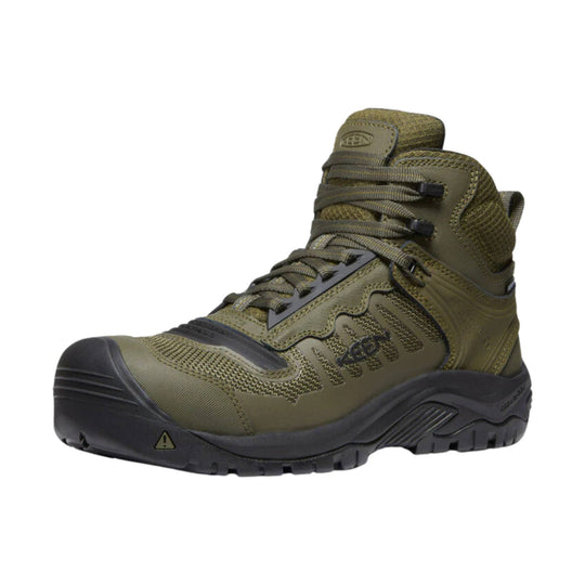 Olive green mid-height work boot with black toe cap and rugged lug sole