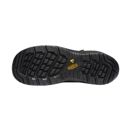 Black lugged work boot outsole with yellow KEEN logo and EH marking