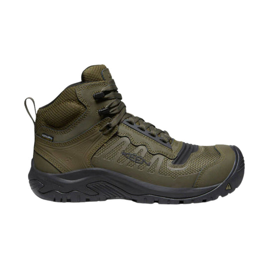 Olive mid-height work boot with black sole, padded ankle collar, and lace-up front