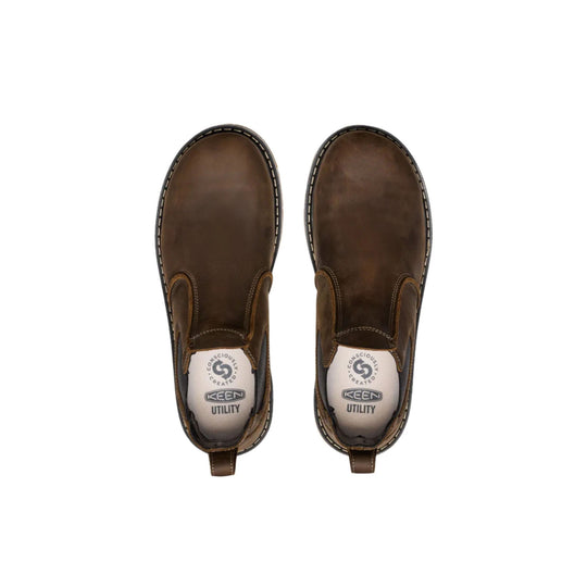 Brown slip-on work boots shown from above with visible heel pulls and branded insoles