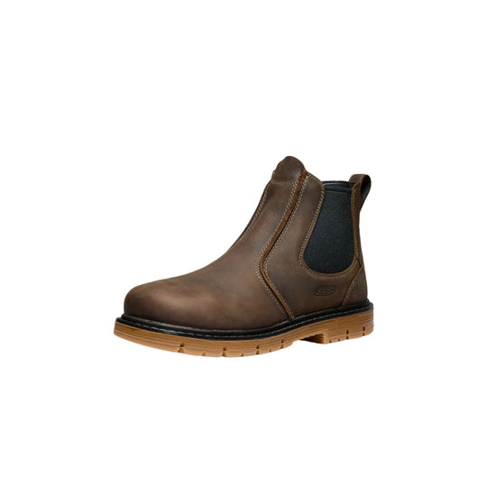 Brown leather Chelsea work boot with black elastic side panel and tan lug sole