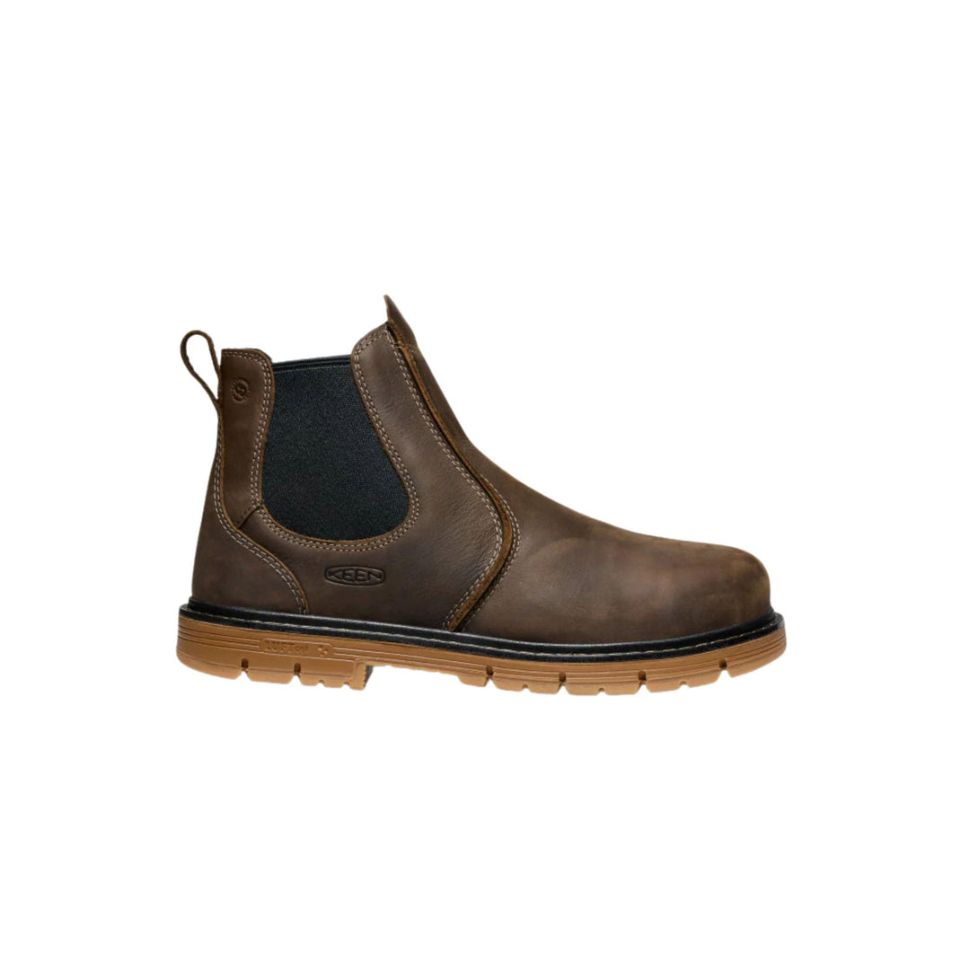 Brown leather Chelsea work boot with black elastic side panel and tan lug sole, shown in side profile