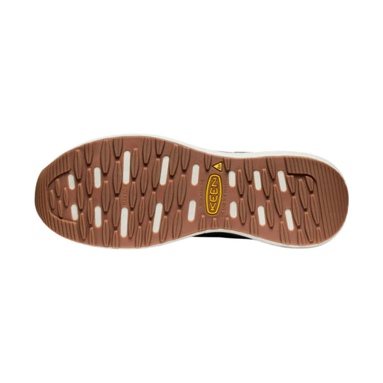 Brown boot outsole with lugged tread and KEEN logo