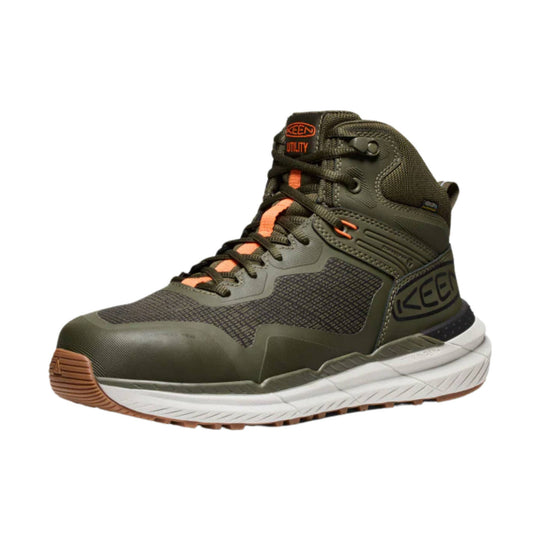 Olive high-top work boot with orange laces, white midsole, and gum outsole