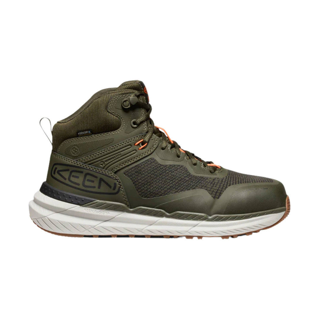 Olive and black mid-top work boot with orange lace loops and a white cushioned sole