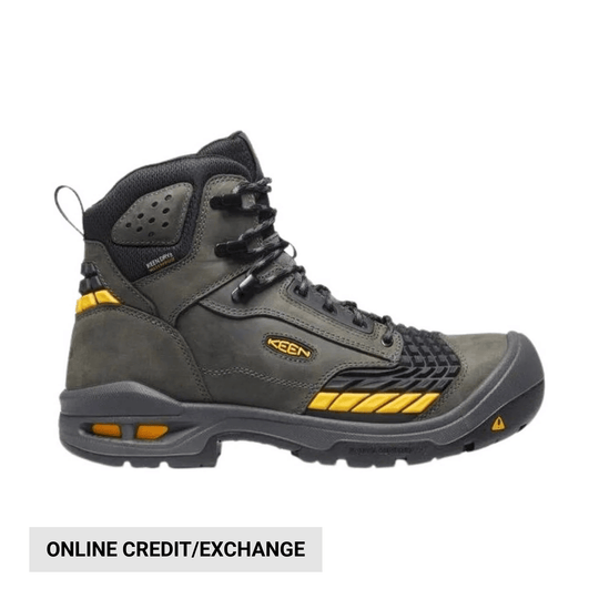 Gray and black mid-cut work boot with yellow accents and a lug sole