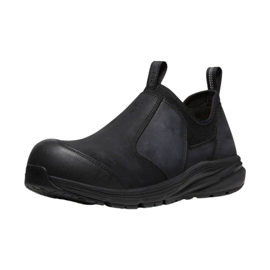 Black slip-on work shoe with a rounded safety toe, elastic side panels, and pull tabs