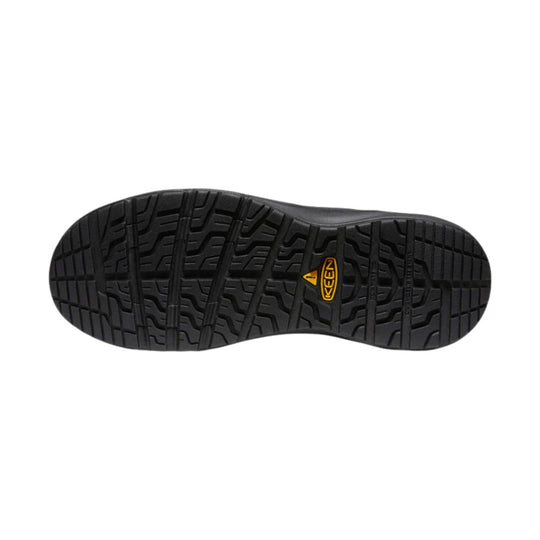 Black work shoe outsole with deep tread and yellow KEEN logo