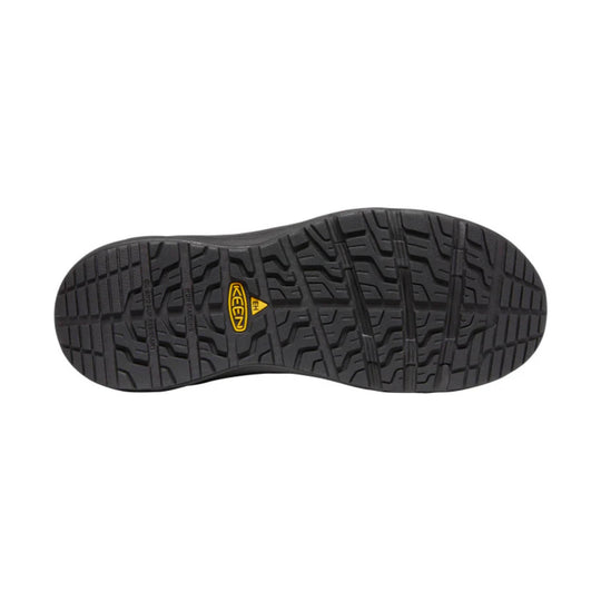 Black work shoe outsole with deep tread and yellow KEEN EH marking
