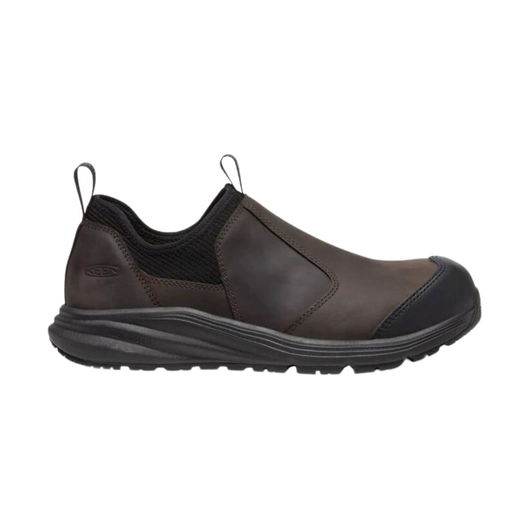 Brown and black slip-on work shoe with elastic side panels, pull loops, and a black rubber toe cap