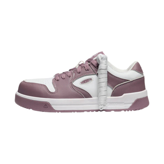 Pink and white low-top work shoe with laces and a chunky sole