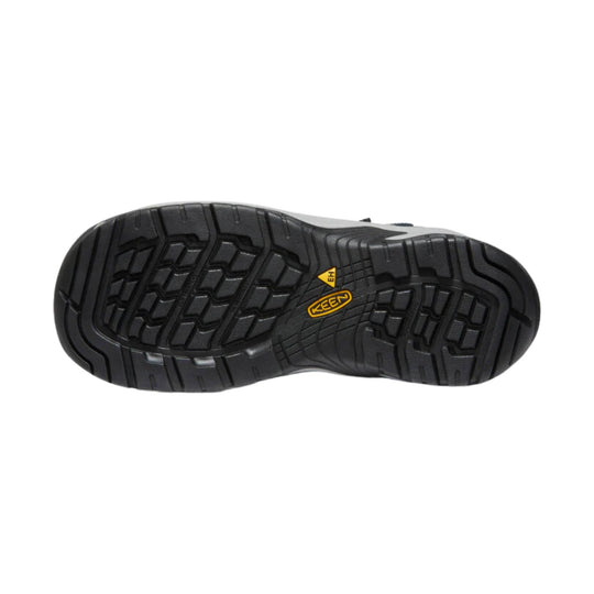 Black work boot outsole with deep tread and KEEN and EH markings